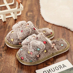 Bowknot Decor Slippers Polka Dot Plush Lined Warm Home Shoes