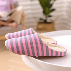 Women's Striped Plush Indoor Slippers Soft Non Slip Shoes