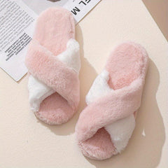 Women's Colorblock Plush Slippers Cozy Cross Strap Open Toe Shoes