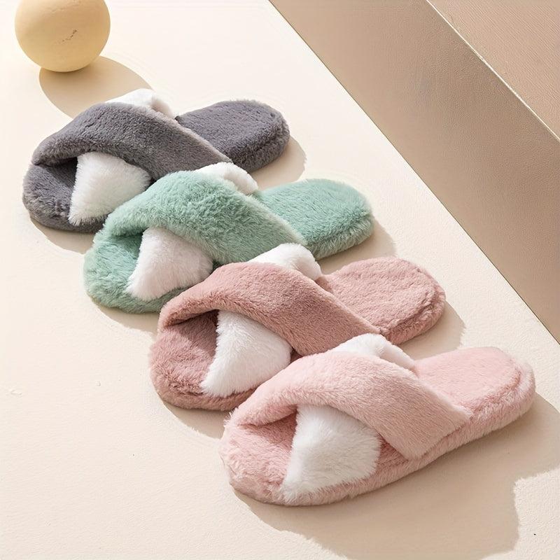 Women's Colorblock Plush Slippers Cozy Cross Strap Open Toe Shoes