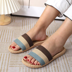 Women's Colorblock Flat Sandals Slip On Open Toe Non slip Linen Sole Slides