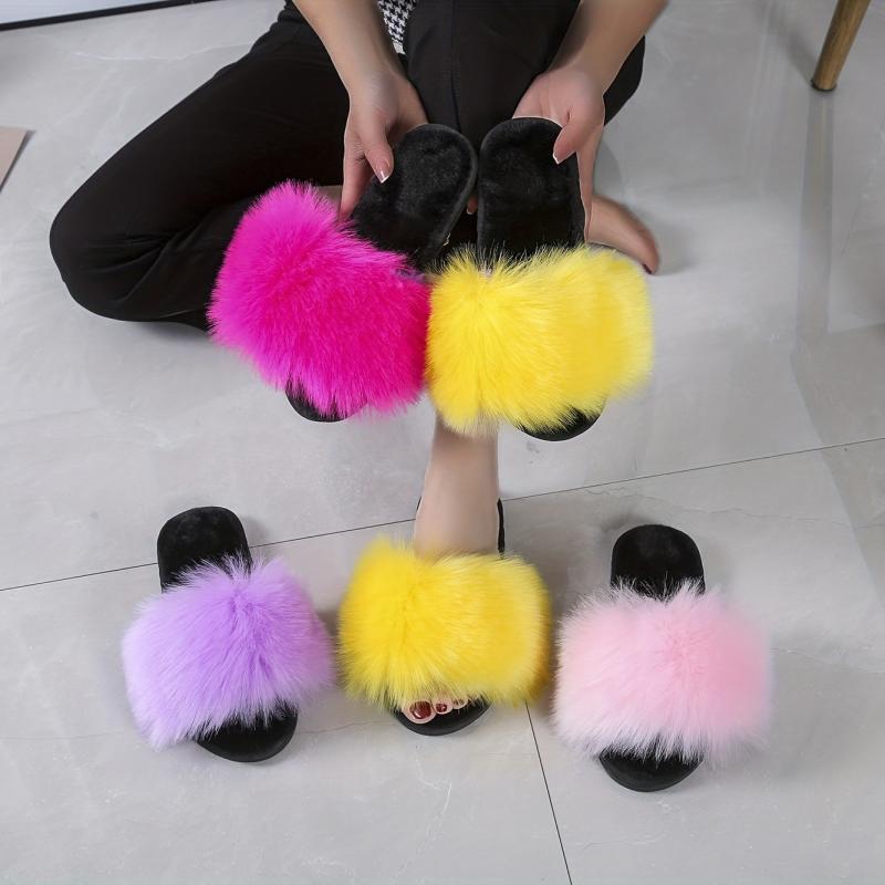Women's Faux Fur Slippers Casual Plush Slip On Home Shoes