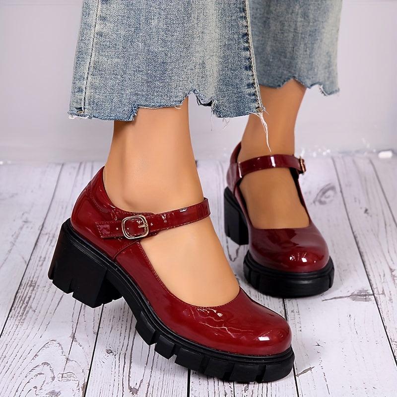 Women's Chunky Heel Mary Jane Patent Leather Shoes