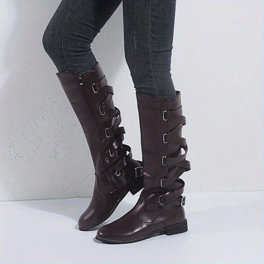 Women's Flat Knee High Boots Back Lace Up Cross Strap Side Zipper Long Boots