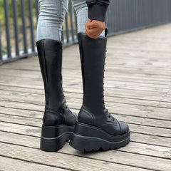 Women's Platform Wedge Heeled Mid Calf Boots Lace Up Punk Style