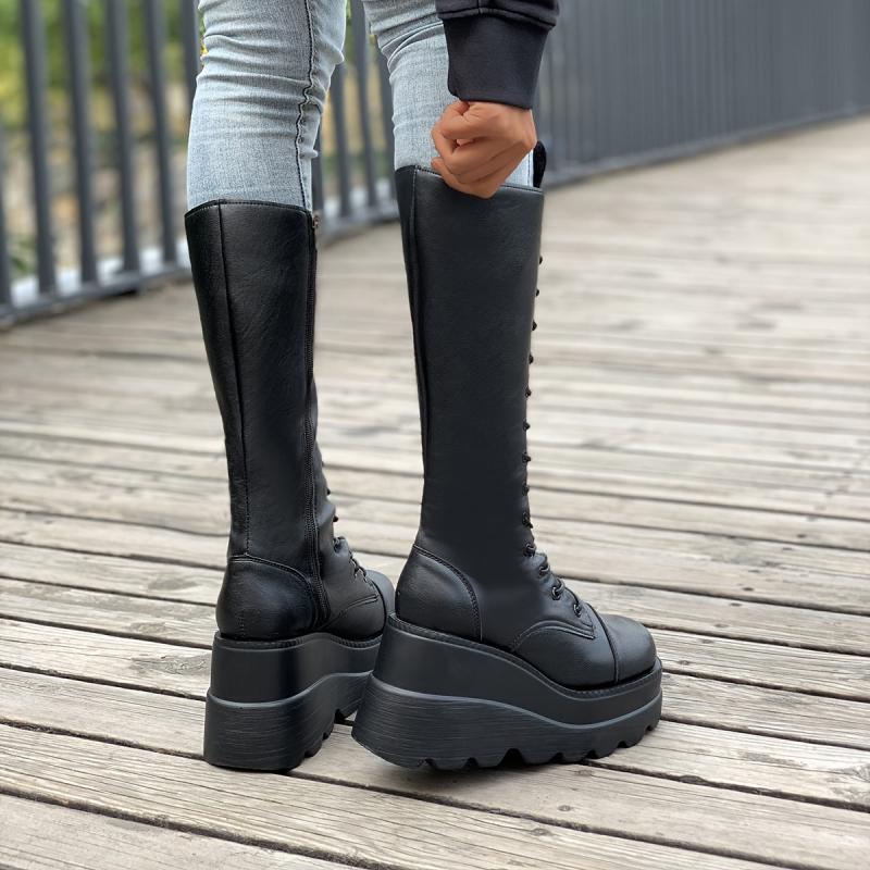 Women's Platform Wedge Heeled Mid Calf Boots Lace Up Punk Style