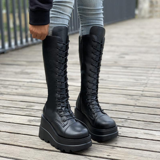 Women's Platform Wedge Heeled Mid Calf Boots Lace Up Punk Style