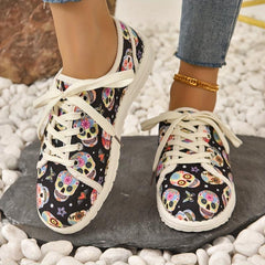 Colorful Skull Graphic Sneakers Lace Up Flat Canvas Shoes