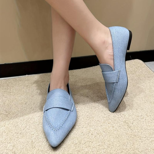 Women's Denim Flat Slip-On Shoes Pointed Toe Soft Sole Casual Walking Flats
