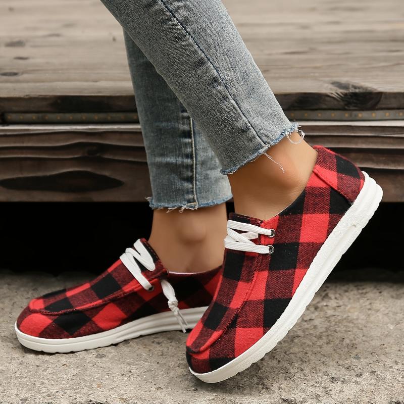 Women's Plaid Canvas Shoes Round Toe Lace Up Flat Sneakers