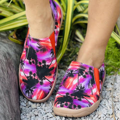 Women's Tie Dye Coconut Tree Slip On Canvas Shoes Lightweight Round Toe Flat