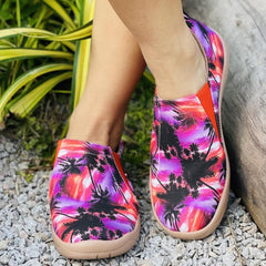 Women's Tie Dye Coconut Tree Slip On Canvas Shoes Lightweight Round Toe Flat