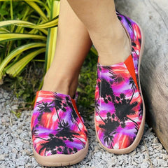 Women's Tie Dye Coconut Tree Slip On Canvas Shoes Lightweight Round Toe Flat