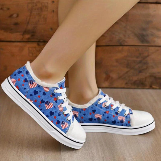 Colorful Heart Print Lace-Up Canvas Shoes
