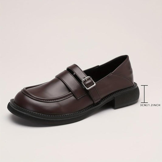 Women's Chunky Heel Loafers British Style Buckle Strap Shoes