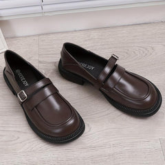 Women's Chunky Heel Loafers British Style Buckle Strap Shoes