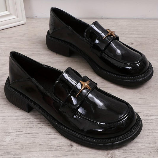 Women's Chunky Heel Loafers Slip On Faux Leather Shoes