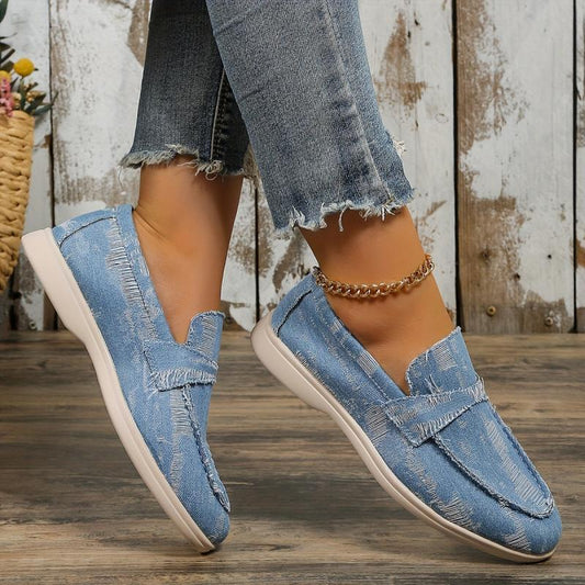 Women's Denim Flat Loafers Slip On Walking Shoes Casual Flats