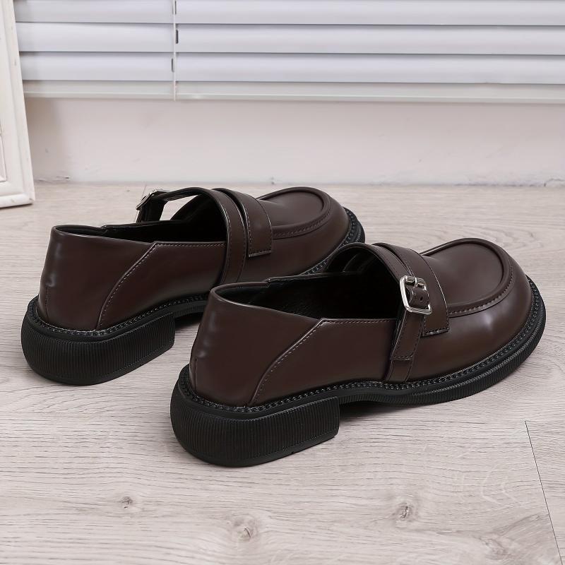 Women's Retro Chunky Heel Loafers Buckle Strap Comfortable Walking Shoes