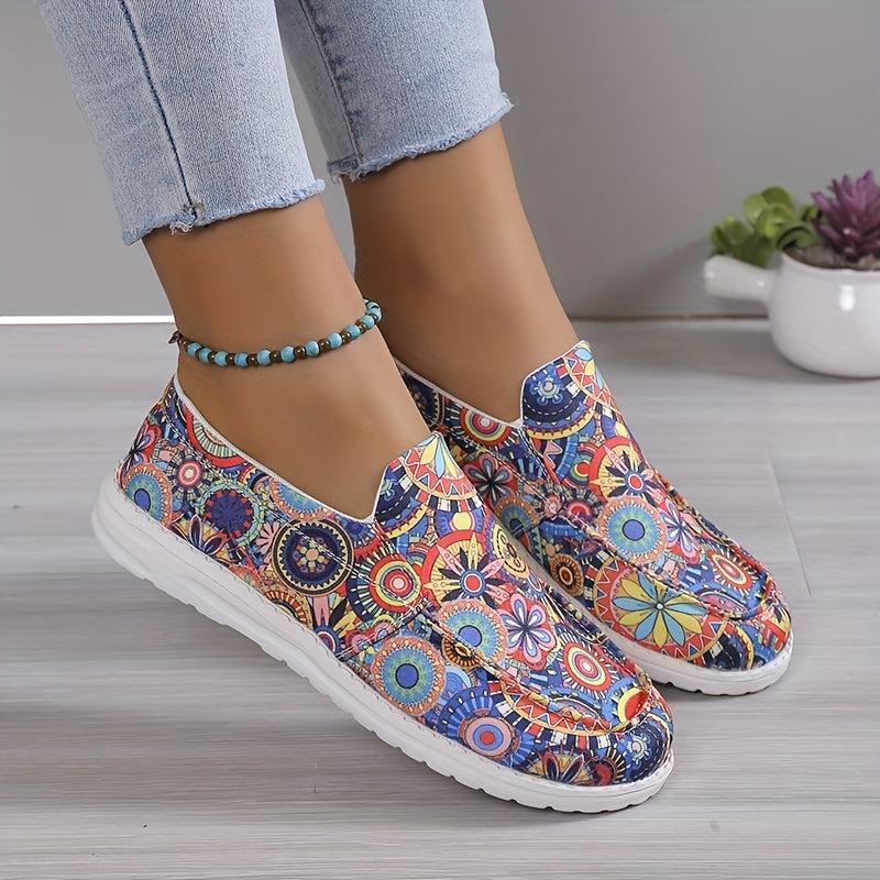 Women's Floral Print Slip On Low Flat Canvas Shoes