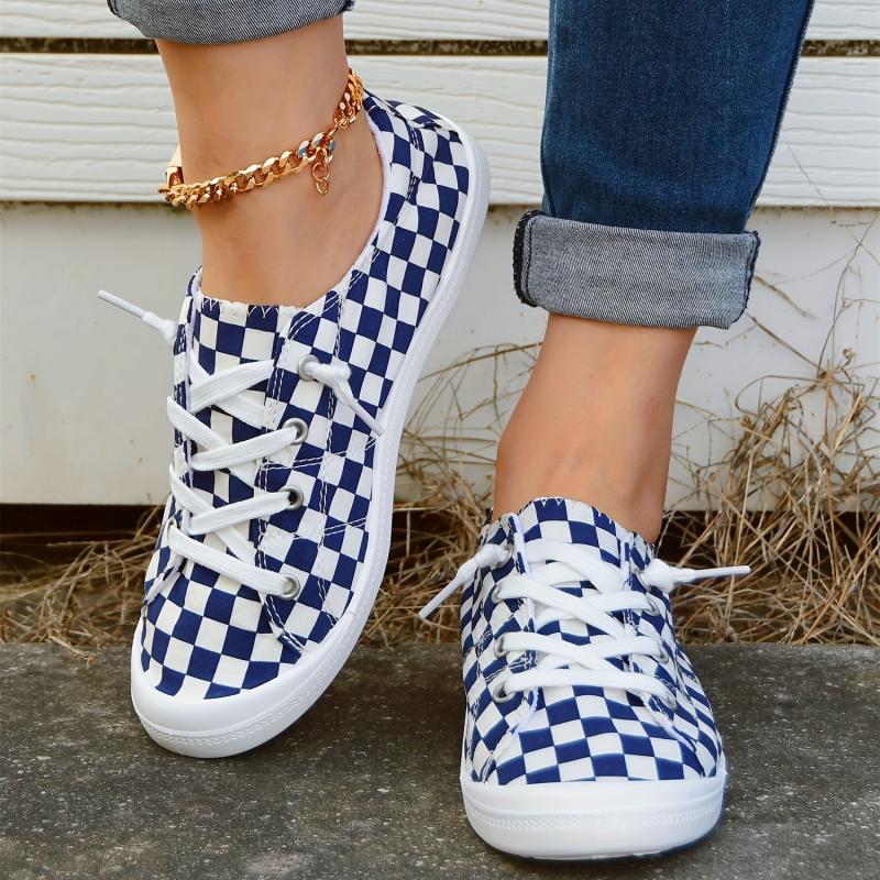Checkerboard Pattern Lace Up Walking Shoes for Women