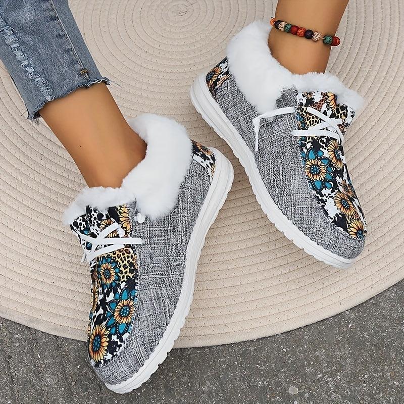 Women's Sunflower Print Snow Boots Warm & Comfy Slip On Flat Shoes