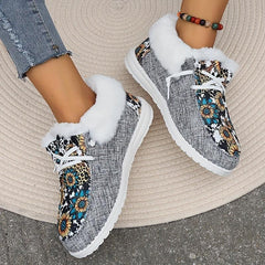 Women's Sunflower Print Snow Boots Warm & Comfy Slip On Flat Shoes