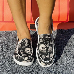 Floral & Skull Slip On Canvas Shoes Halloween Loafers