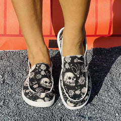 Floral & Skull Slip On Canvas Shoes Halloween Loafers