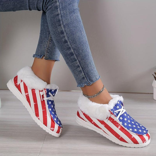 Women's Plush Lined Snow Boots Star Print & Striped Low Top Canvas Shoes