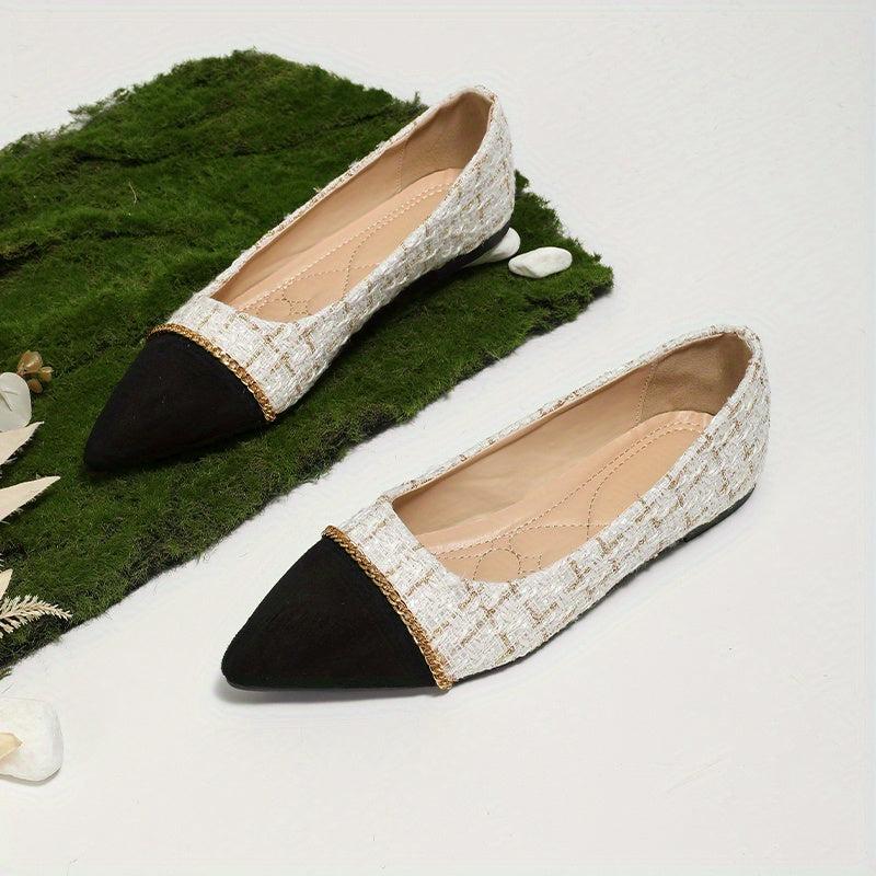 Women's Pointed Toe Flat Shoes Cap Toe Tweed Slip On Soft Sole Office Work Flats