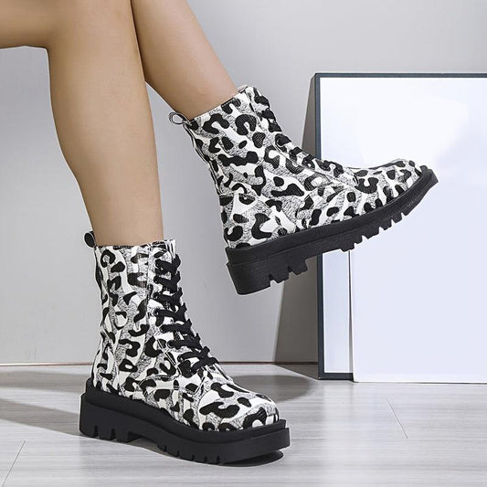 Leopard Print Combat Boots Lace Up Platform Ankle Boots