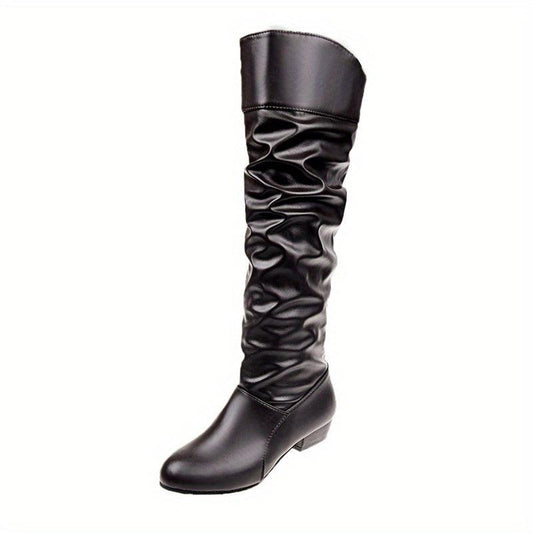 Women's Slouchy Mid Calf Boots Low Heeled Pull On Boots