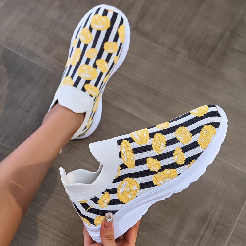 Women's Pumpkin & Striped Mesh Tennis Shoes Lightweight Non slip Travel Shoes