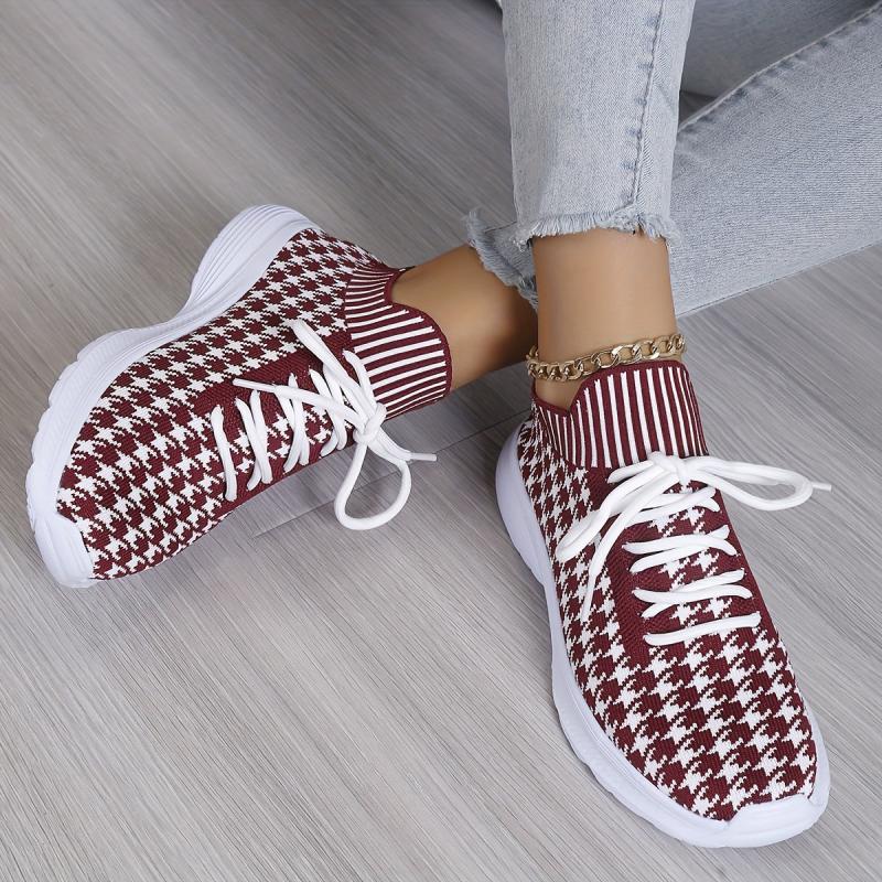 Women's Houndstooth Lace-up Sneakers Lightweight Sports Outdoor Shoes