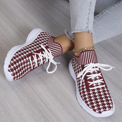 Women's Houndstooth Lace-up Sneakers Lightweight Sports Outdoor Shoes