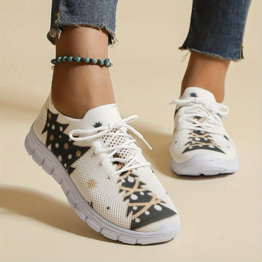 Christmas Tree Print Mesh Breathable Flying Woven Shoes Soft Sole Comfortable