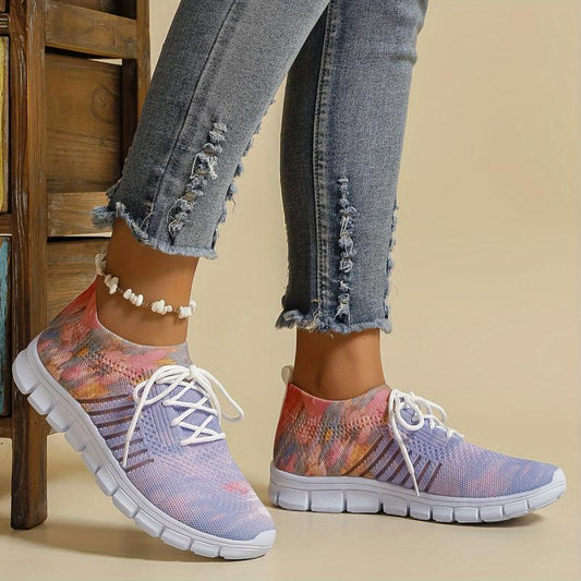 Women's Floral Pattern Lace-up Sneakers Breathable Mesh Casual Running Shoes