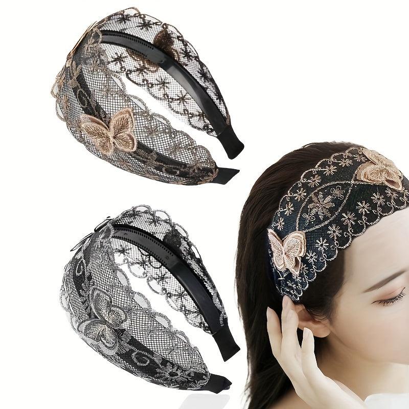 Wide Lace Headband Hair Accessories Butterflies Pattern