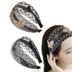 Wide Lace Headband Hair Accessories Butterflies Pattern