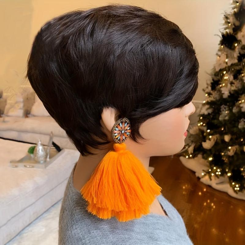Rose Net Short Wig Side Bangs Pixie Cut Wig Hair Without Glue