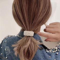 2PCS Elastic Ponytail Wide Brimmed String Pearl Hair Ring Girl's Hollow Circle