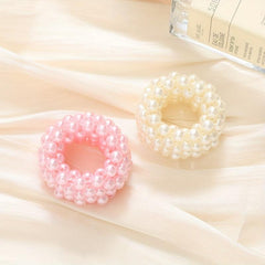 2PCS Elastic Ponytail Wide Brimmed String Pearl Hair Ring Girl's Hollow Circle