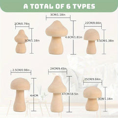 Set of 6 Wooden Mushrooms for DIY Crafts & Ornaments