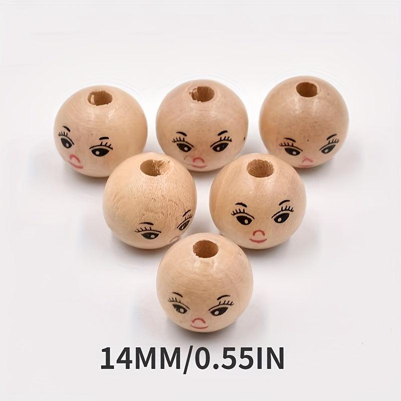 10pcs 14MM Smiley Face Doll Head Wooden Beads DIY Children's Accessories