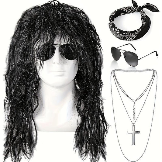 4pcs Rocker Wig Costume Set for Men 80s Rocker Headband Sunglasses Necklace