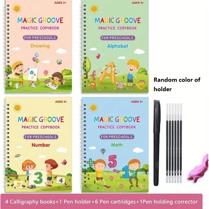 Kids School Supplies Bundle: 4 Books, 1 Pen, 6 Refills, 1 Pen Holder