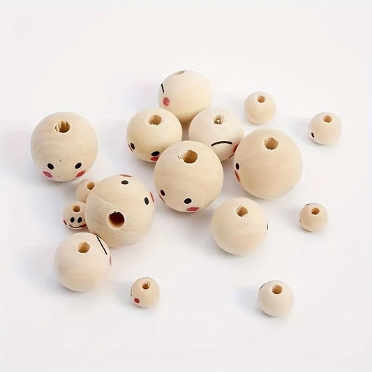 20pc 10mm Log Smile Face Doll Head Wooden Beads for Kids' Crafts & Beading