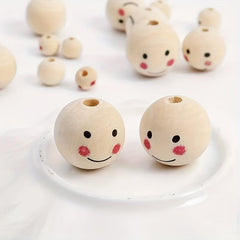 20pc 10mm Log Smile Face Doll Head Wooden Beads for Kids' Crafts & Beading