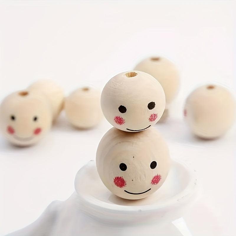 20pc 10mm Log Smile Face Doll Head Wooden Beads for Kids' Crafts & Beading
